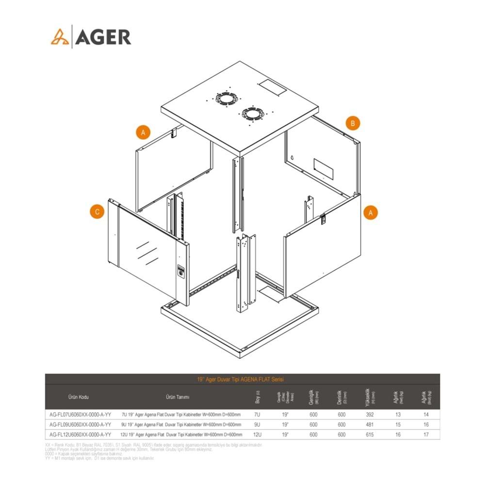AGER 7U 600X600 DEMONTE AGENA FLAT SERİSİ DUVAR TİPİ KABİNET (ÖN ÇITALI CAM KAPAKC-B1 BEYAZ)