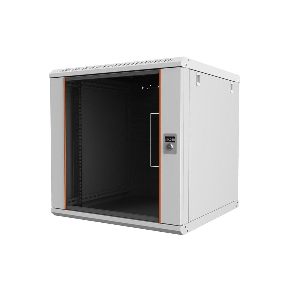 AGER 9U 600X600 AB09U6060B1 MONTAJLI AGENA BASE SERİSİ DUVAR TİPİ KABİNET + 19INCH SABİT RAFLI (ON CITALI CAM KAPAK ARKA SABİT YAN KAPAKLAR KİLİTSİZ-B1 BEYAZ)