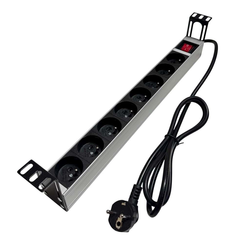 AGER 1U 8Lİ GRUP PRİZ RACK TİPİ AA-PRZ01U19-8S-AL-PW-BL-19INCH ON/OFF TUŞLU