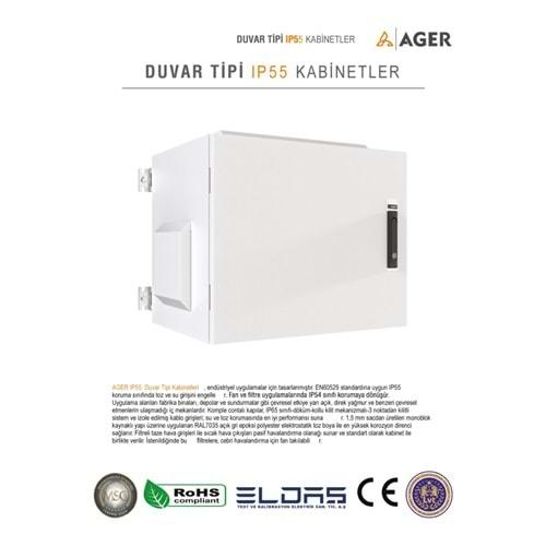 AGER 12U 600X450 AG-OB12U6045B2-D-A-M1-12U6045 MONTAJLI BASIC OUTDOOR DUVAR TIPI KABINET (ON METAL KAPAK IKI ADET KELEBEK KILITLI D-B2 7035 DIS ORTAM)