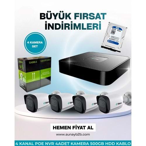 TTEC 4 İP KAMERA SET (IPBP-2330M-M-LİTE-NVR-3104HP/4P-LİTE-500GB HDD-305MT CAT6)