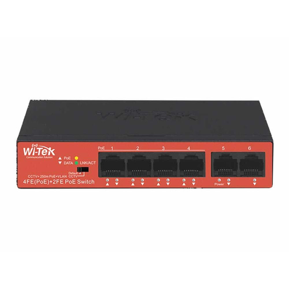 Wİ-TEK WI-PS205H V2 4 Port 10/100M(PoE) + 2 Port 10/100M Uplink 250mt 40W PoE SWICTH