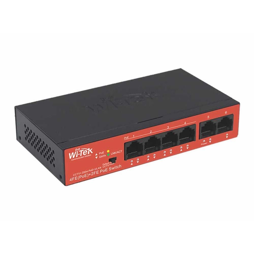 Wİ-TEK WI-PS205H V2 4 Port 10/100M(PoE) + 2 Port 10/100M Uplink 250mt 40W PoE SWICTH