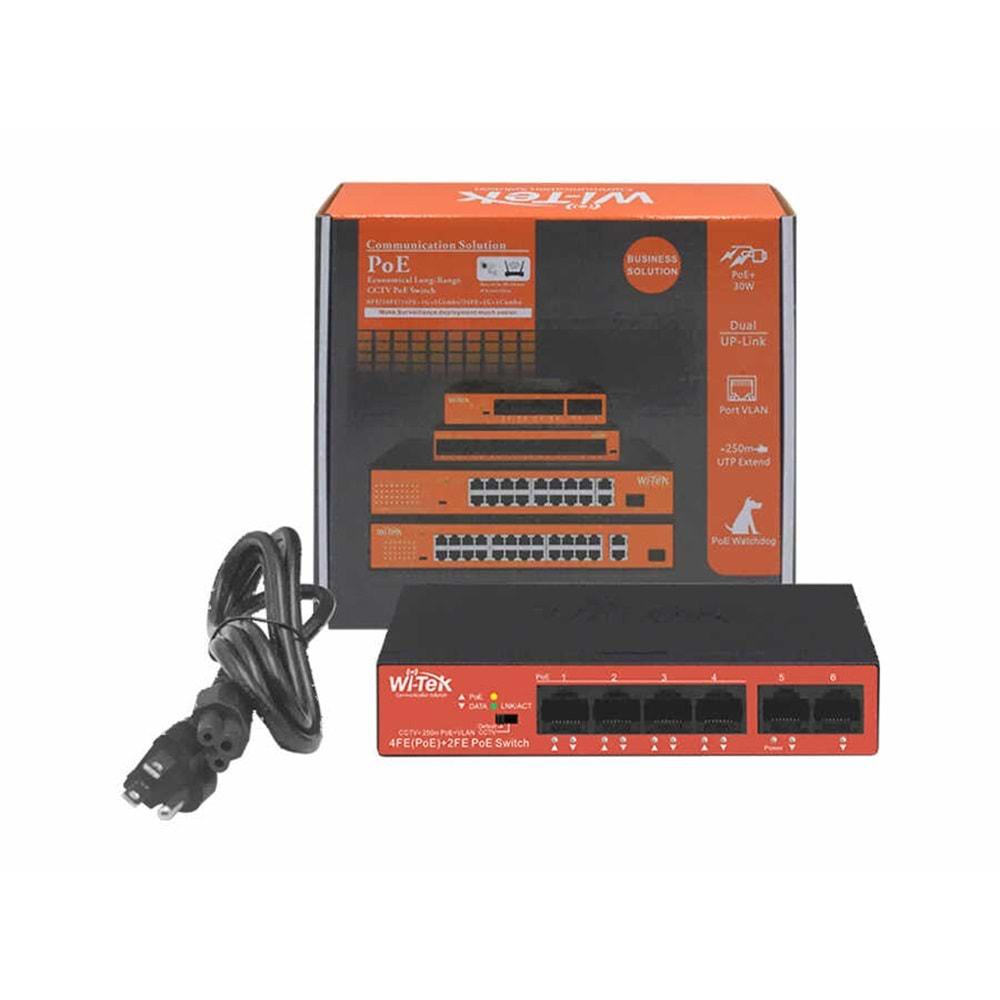 Wİ-TEK WI-PS205H V2 4 Port 10/100M(PoE) + 2 Port 10/100M Uplink 250mt 40W PoE SWICTH